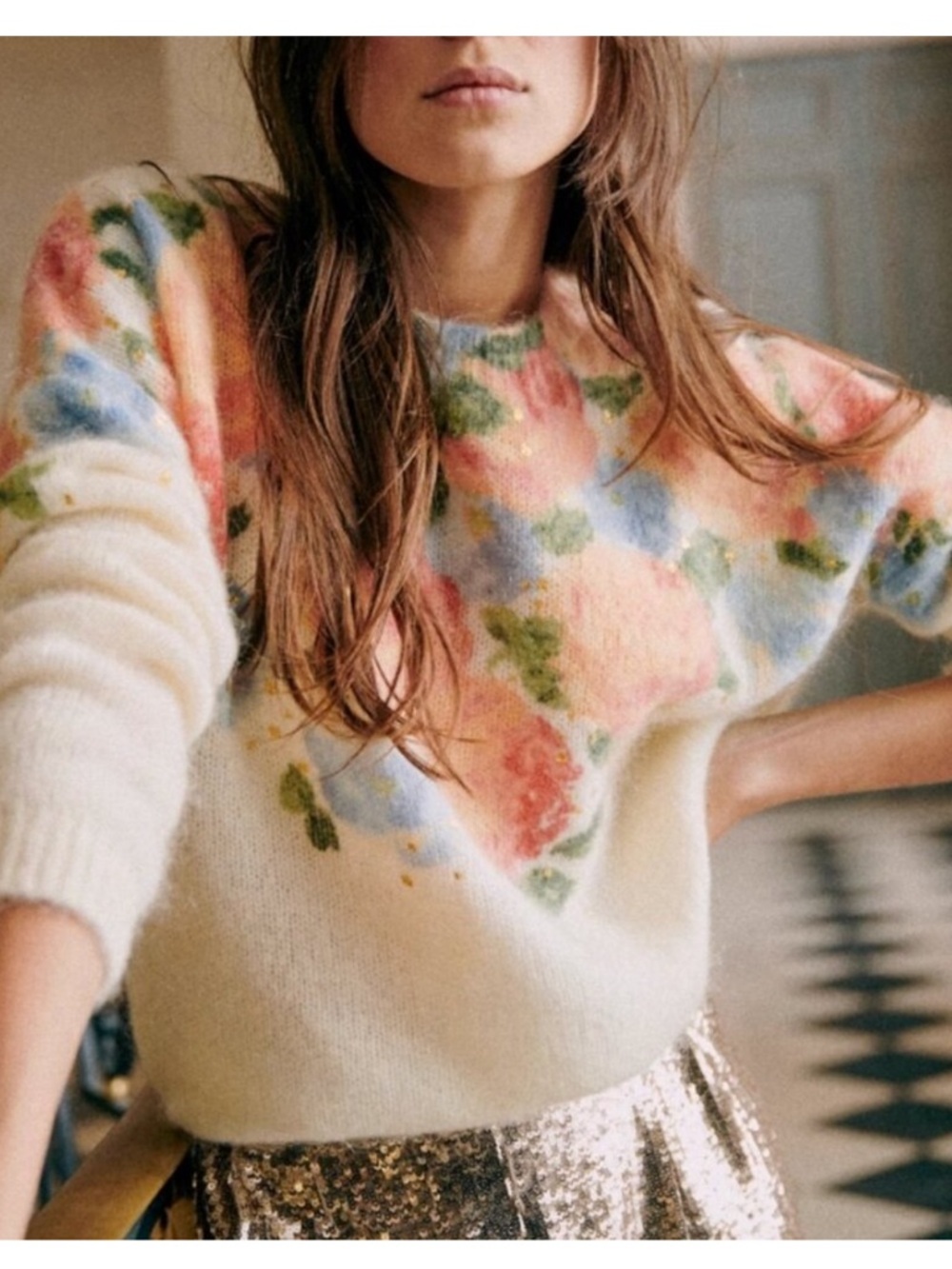 NWOT✨Sézane Malory Jumper - Painted Flowers Kid mohair French Knit Sweater Soft